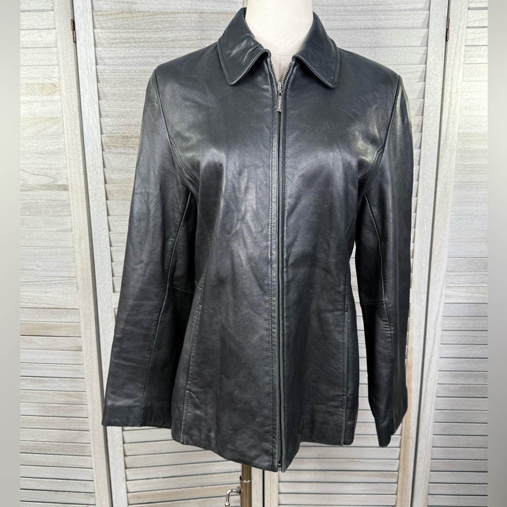 LIZ CLAIBORNE Women's Vintage 90's-Y2K 100% Leather Jacket Zip Front Black-LP